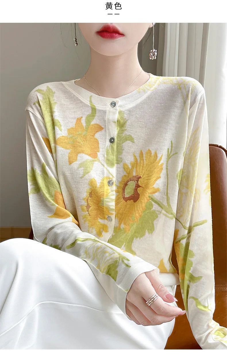 Spring And Summer New Lyocell Water-Soluble Wool Blended Round Neck Knit Cardigan Long Sleeve Feminine Sweater Printed Top