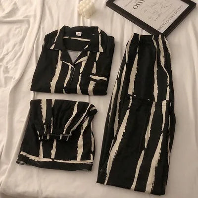 Three-Piece Set of Ladies Pajamas Short Sleeve Long Pants Student Loungewear Cartoon Cardigan Short Sleeve Shorts Cute Pajamas Black