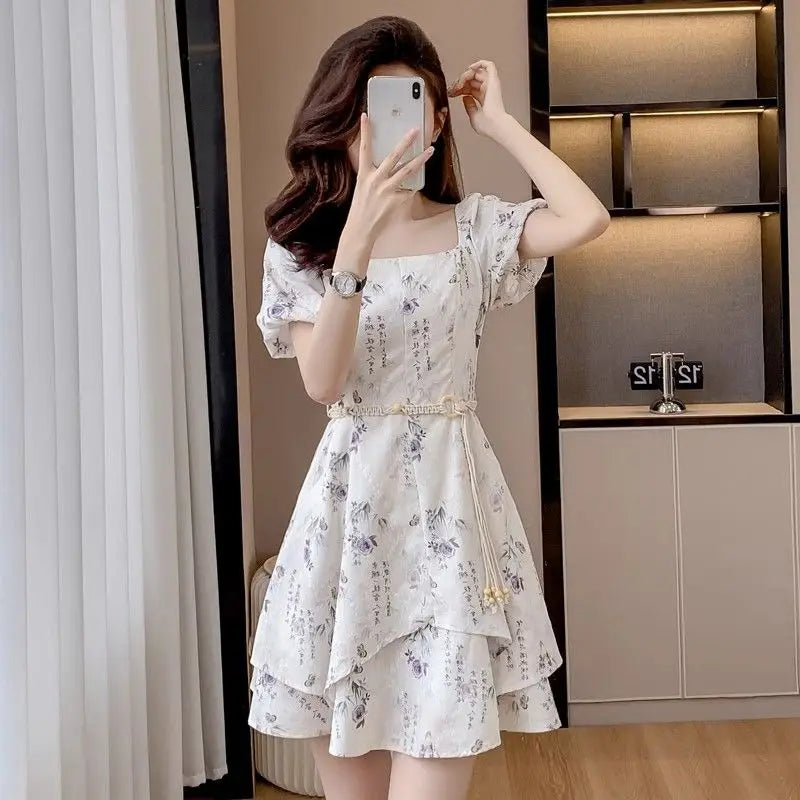Square Neck Short-sleeved Women 2025 Summer New Chinese Puff Short-sleeved Retro Waist-hugging A-line Dress