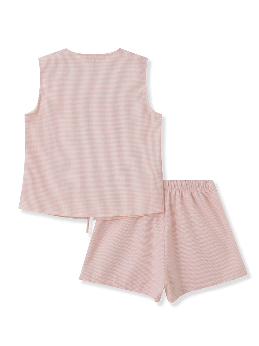 Women 2-Piece Shorts Set Plaid Print Lacing V-Neck Sleeveless Tank Tops Elastic Waistband Shorts Loungewear Outfits