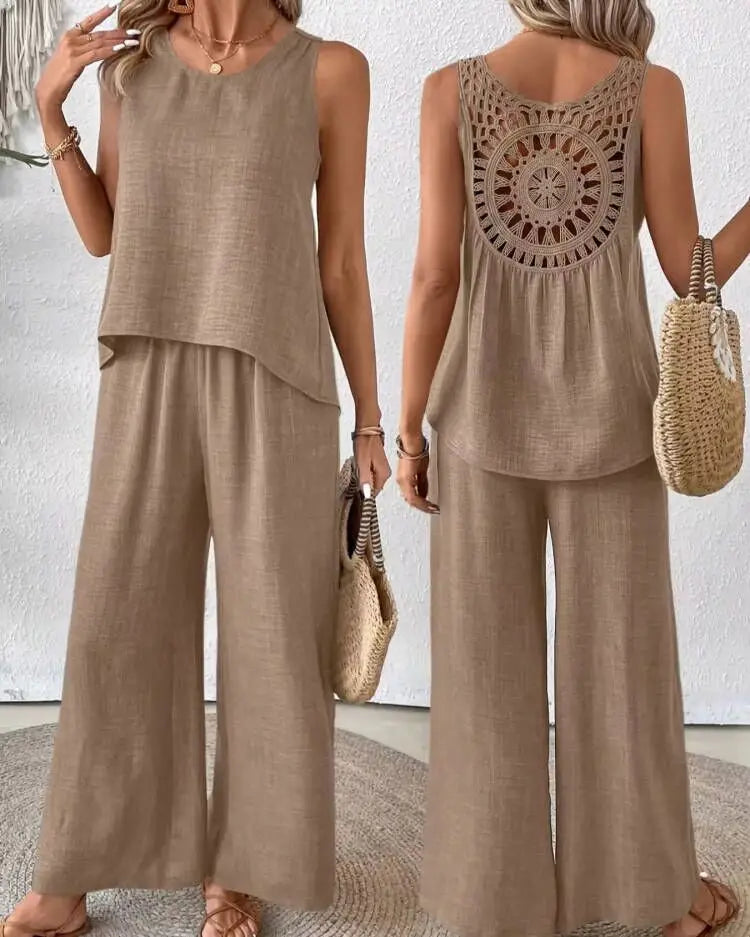 Hollow Out 2 Piece Sets Women Lace Sleeveless Top Wide Leg Pants Set Solid Color New Matching Sets 2 Piece Sets Women New 2024