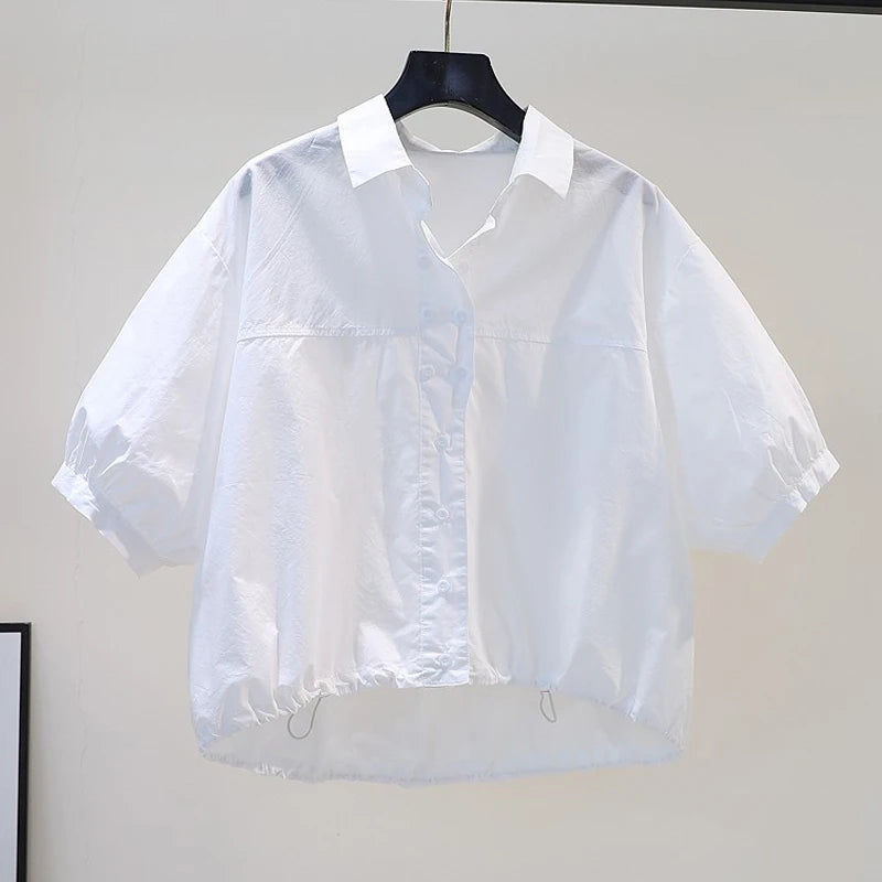 Summer Turn-down Collar Fashion Short Sleeve Shirt Women High Street Solid Color Casual Cardigan Drawstring Pure Cotton Tops WHITE