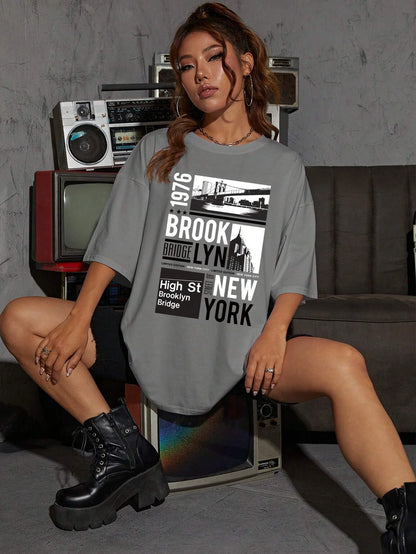New York Brooklyn 1976 Printing Women T-Shirt Creativity Casual Tee Shirts Street Hip Hop Short Sleeve Basic All-Match Tshirts