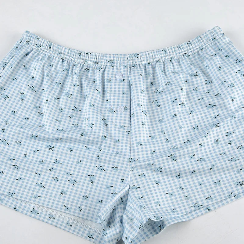 Combhasaki Women Summer Y2K 2Piece Pajamas Loungewear Set Plaid Floral Print Button Camisole Crop Tops +Elastic Low Waist Shorts