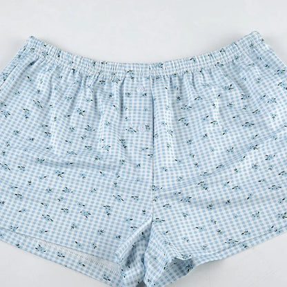 Combhasaki Women Summer Y2K 2Piece Pajamas Loungewear Set Plaid Floral Print Button Camisole Crop Tops +Elastic Low Waist Shorts