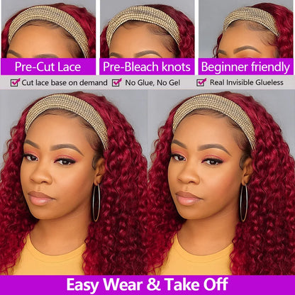 200% Density Headband Reddish Brown Wig Human Hair Ginger Deep Wave Burgundy 99J Curly Water Wave Glueless Wigs Clearance Sale