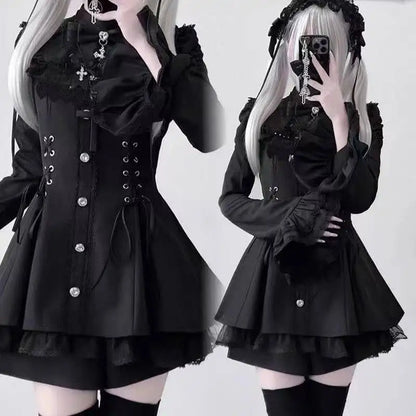 Y2k Aesthetic Lolita Style Bow Dress Shorts Set Japanese Women Gothic Lace Flare Sleeve Button Shirt Dress Punk Party Mini Dress