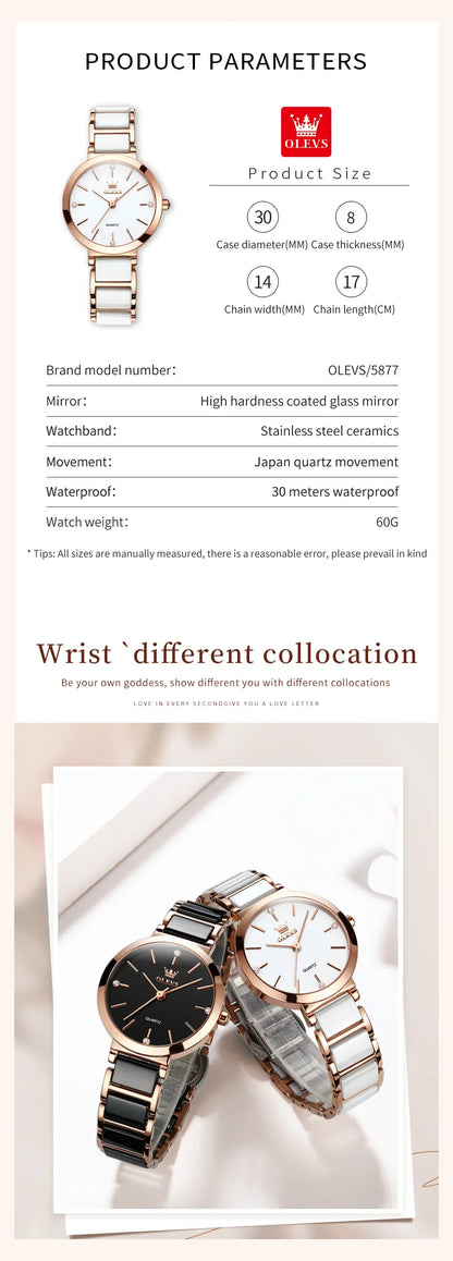 OLEVS Luxury Brand Women Watches Ceramic Tape Japanese Movement Quartz Watch for Lady Gift Bracelet Fashion Versatile Exquisite