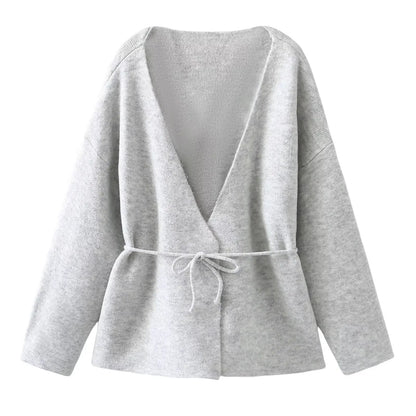 Women Solid Color Lace-up Knitted Sweater Jacket Female Cardigan with Belt Autumn and Winter Woolen Simple Cardigan Sweater grey-2