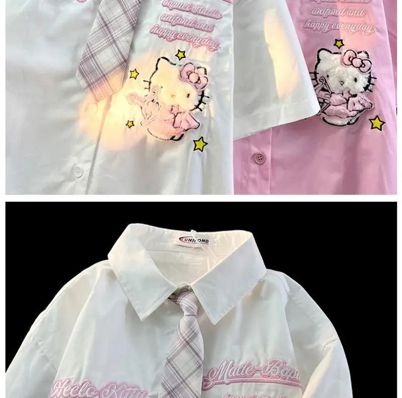 Hello Kitty Cute Short Sleeve Polo Shirts Women Sanrio Designer College Style Summer Blouse Korean Clothes Y2k New Fashion Tops