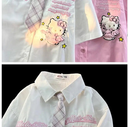 Hello Kitty Cute Short Sleeve Polo Shirts Women Sanrio Designer College Style Summer Blouse Korean Clothes Y2k New Fashion Tops