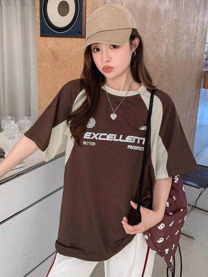 Women's Contrast Letters Printed Round Neck Short Sleeve T-Shirt Summer Women Clothing Fashion Korean Y2K Streetwear Tops