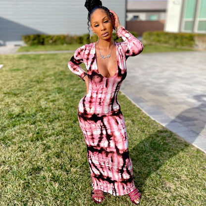 Spring And Summer Dresses For Women Chest Wrap Printed Off Shoulder Bandage Slim Sexy Long Dress 2023 New Fashion party MsChuh T6 Long-Sleeved Pink