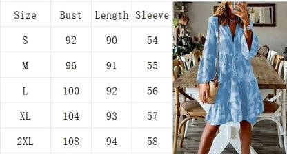 Spring Geometric Print Horn Long Sleeved V-neck Color Blocked Dress Women's High Waist Loose Casual Dresses
