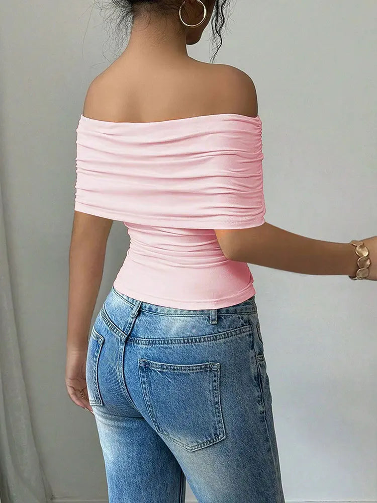 Women New T-shirt Summer Fashion Slash Neck Streetwear Casual Slim Versatile Tees Solid Sexy Off Shoulder Elegant Lady Clothing
