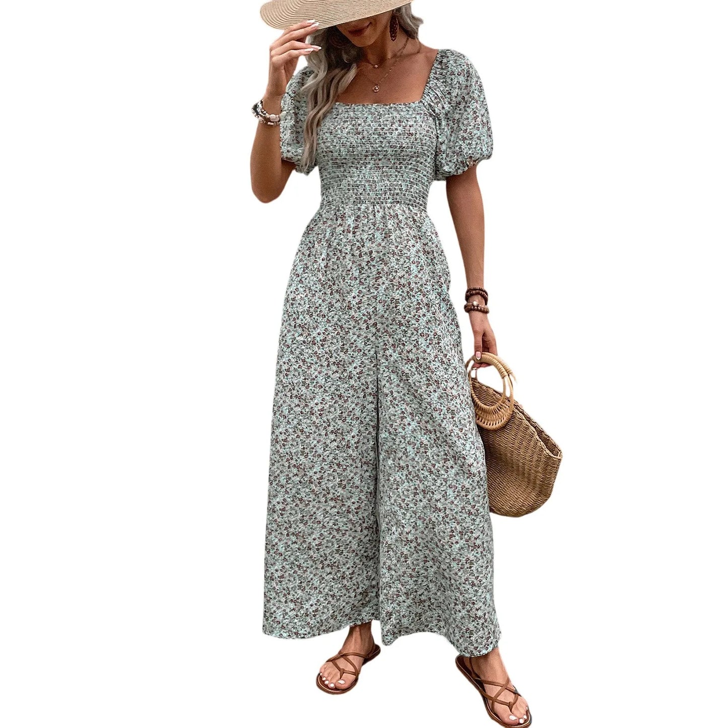 Bohemian Vacation Holiday Jumpsuit Women Pleated Wide Leg Rompers Chiffon Print Ethnic Playsuit Summer Casual Jumpsuits Badiee Stylez