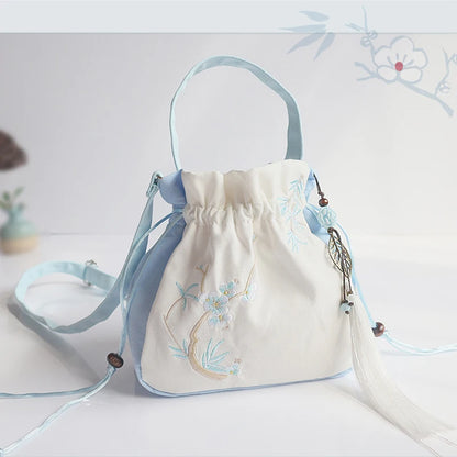 Chinese Style Women's Drawstring Bag Vintage Flower Embroidery Hanfu Handbag Street Fashion Girls Bucket Shape Shoulder Bag D