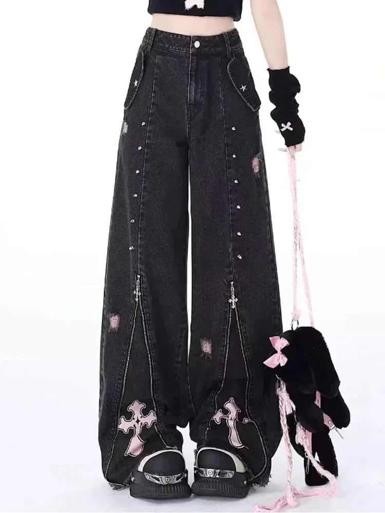 Women Clothing Black Gothic Jeans Pink Cross Y2k Oversize Loose Aesthetic Denim Trousers Harajuku Korean 2000s Jean Trashy Pants