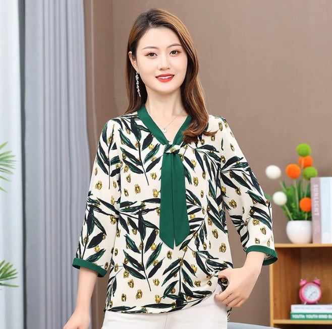 Women's Shirt Middle-aged Mother Elegant Summer Lady Shirts Bandage Floral Printed Chiffon Shirt Blouse Women's Clothing