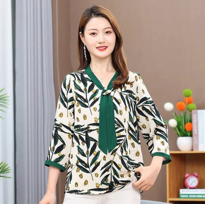 Women's Shirt Middle-aged Mother Elegant Summer Lady Shirts Bandage Floral Printed Chiffon Shirt Blouse Women's Clothing
