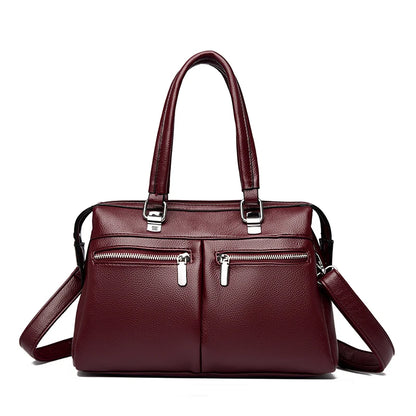 Two Pockets Genuine Brand High Quality Leather Casual Tote Luxury Handbags Women Bags Designer Shoulder Hand Bags for Women Sac Burgundy