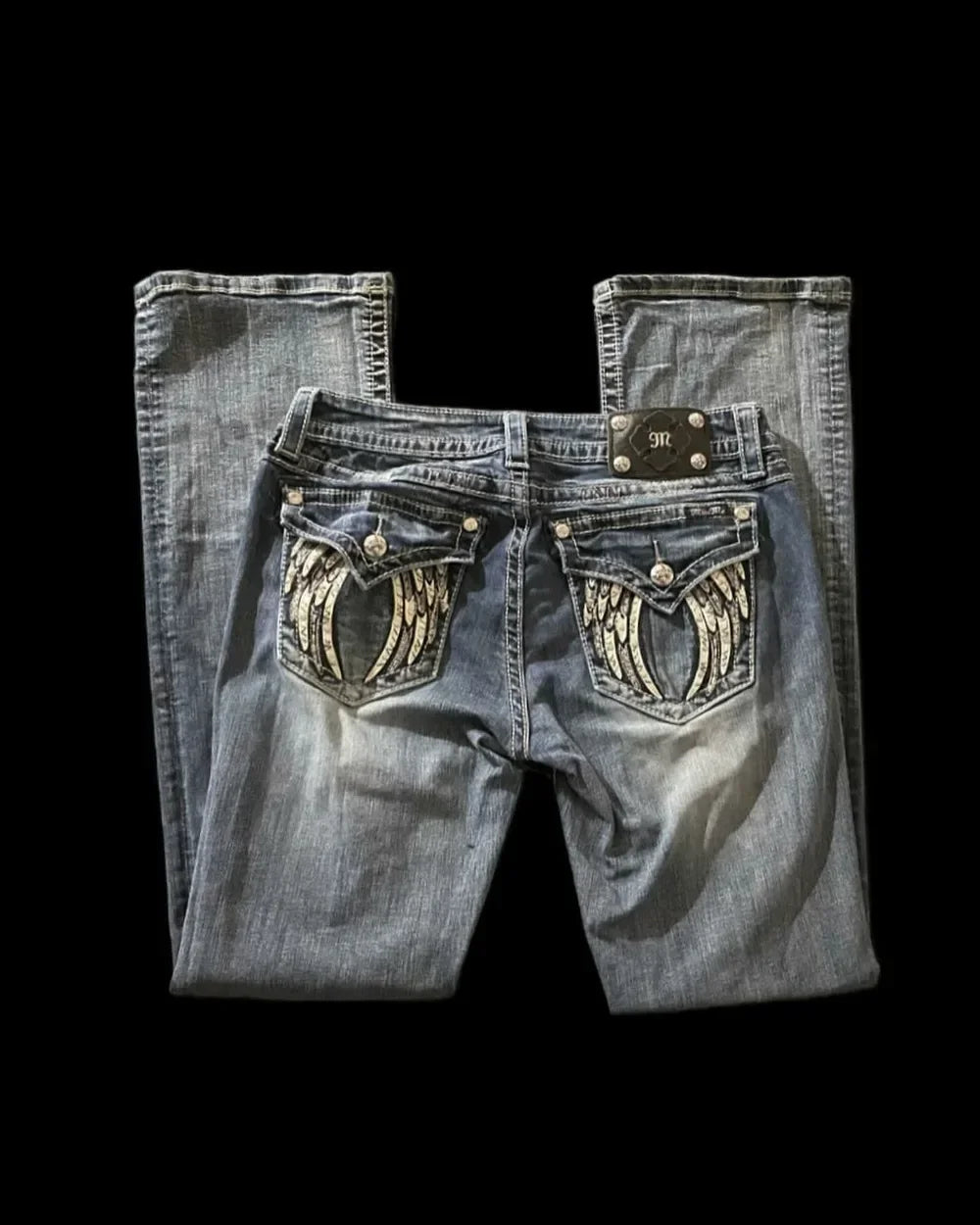 Hip Hop Low Waist Slim Jeans Wings Y2K American Fashion Retro Graphic Embroidered Blue Jeans Street Harajuku Goth Wide Legs