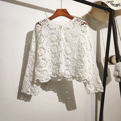 Lace Small Shawl Cotton Cardigan female 2023 spring and summer o neck long sleeve solid casual Versatile Hollow Cardigan Female WHITE One Size