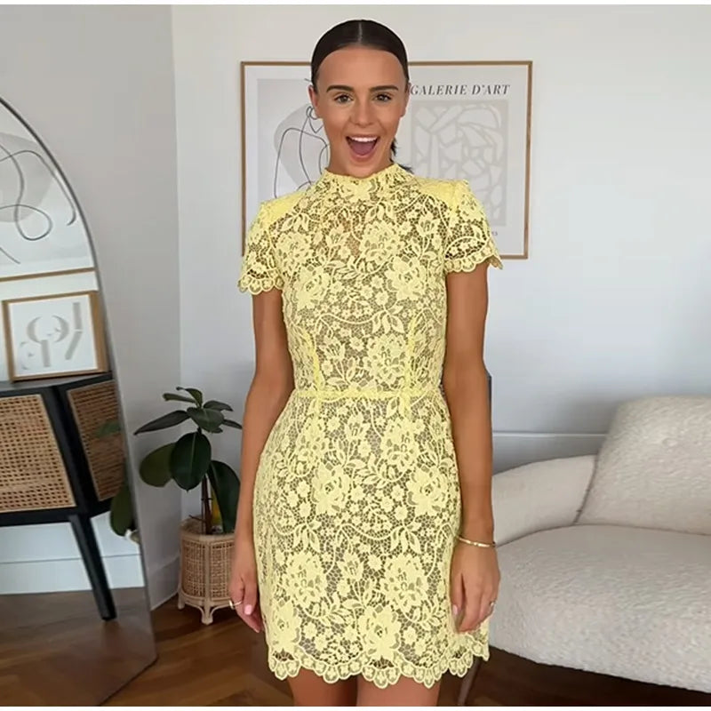 Women Fashion Yellow Lace Hollow Out Mini Dress Elegant Short Sleeve High Waist Bodycon Dresses Sexy Party Street Lady Vestidos
