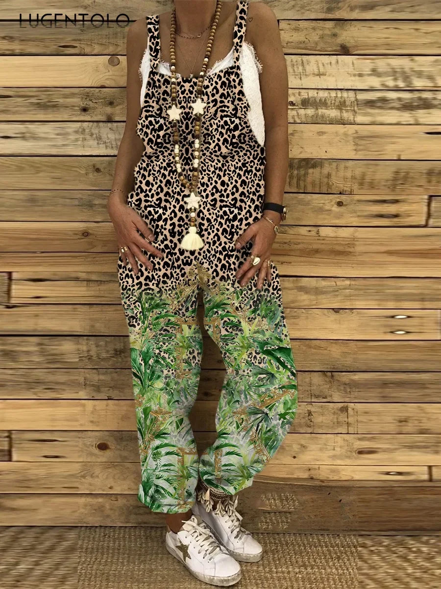 Women Overalls Summer Jumpsuits Thin Vintage Sweet Print Suspenders Loose Female Casual Large Size New Straight-leg Pants