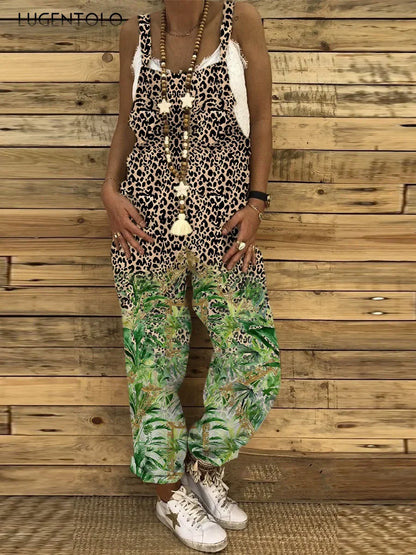 Women Overalls Summer Jumpsuits Thin Vintage Sweet Print Suspenders Loose Female Casual Large Size New Straight-leg Pants