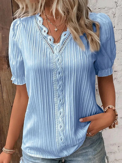 Sexy V Neck Patchwork Blouse Shirts Summer Female Short Lantern Sleeve Holiday Loose Blouse Tops SZE-ST23053 Sky Blue