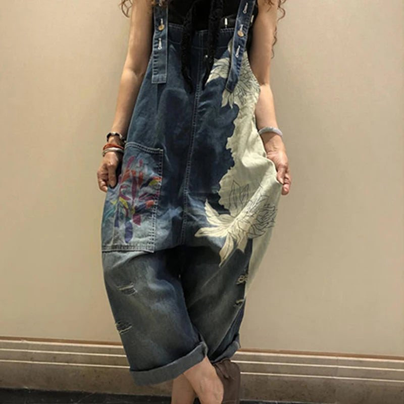 AmaxluluE 2025 Females Fashion Overalls Ladies Summer Printed Denim Pantalons Vintage Casual Jeans Womens Loose Vintage Trousers Blue One Size