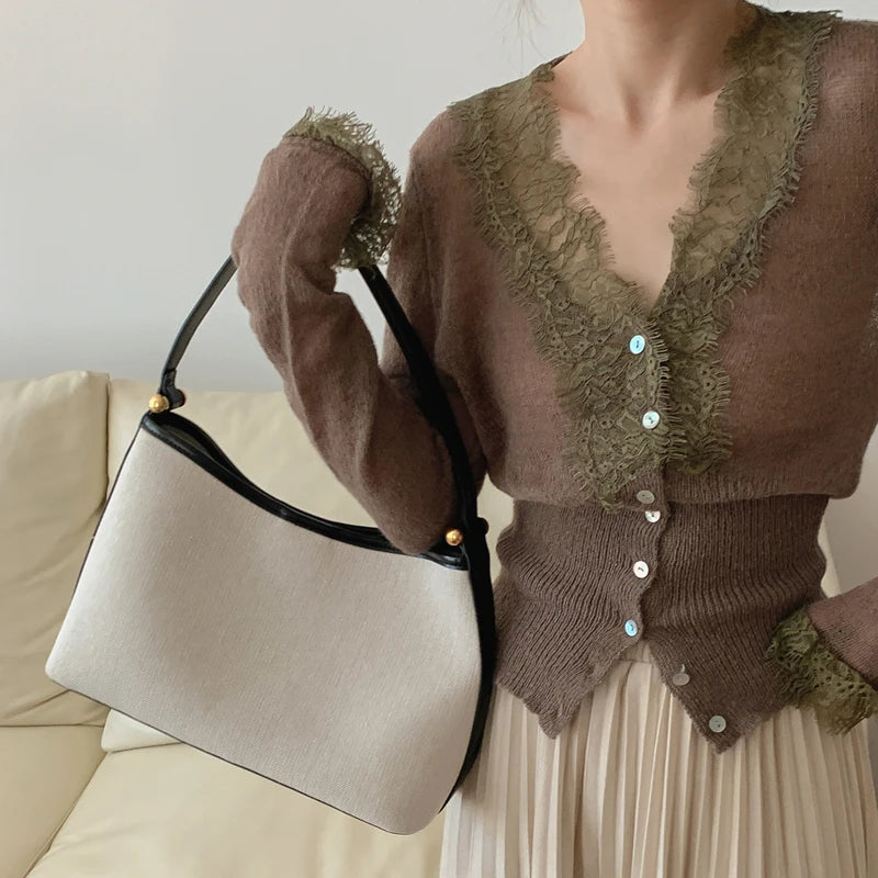 High-fashion Kawaii Botton Up Lace Patchwork Knitted Cardigan Women Autumn Winter Ladies Elegant Vintage Sweater Cheap Wholesale Dark Brown One Size