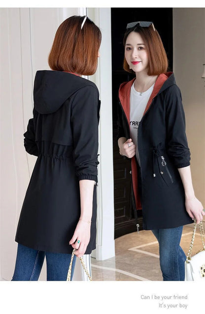 Double-Sided Trench Coat Women 2023New Fashion Spring Autumn Clothes Hooded Mid-Length Windbreakers Female Outerwear Casual Tops