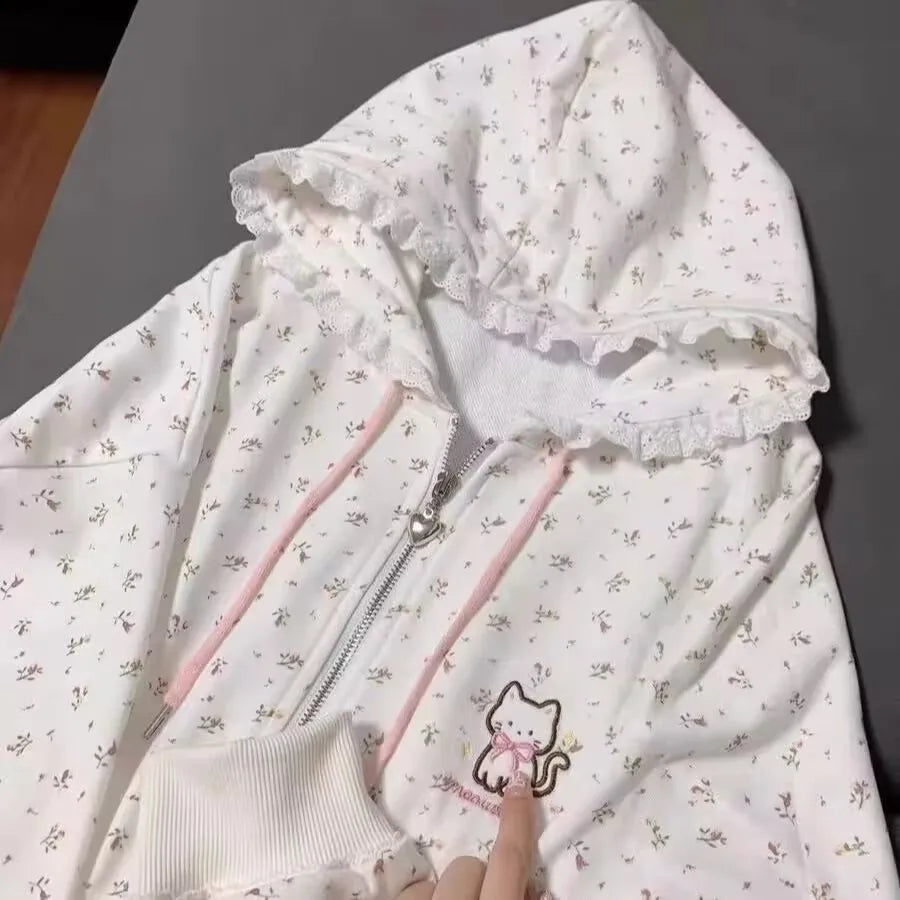 Harajuku Korean Kawaii Hooded Coat Women Thin Long Sleeve Zipper Cardigan Y2K Streetwear New Mid-length Loose Jackets