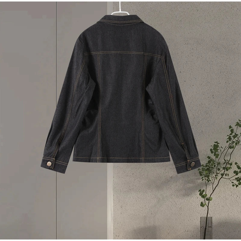 Street Vintage Denim Pants Sets Women Slim Long Sleeve Lapel Single Breasted Jacket Straight Trousers 2025 Autumn Lady Outfits