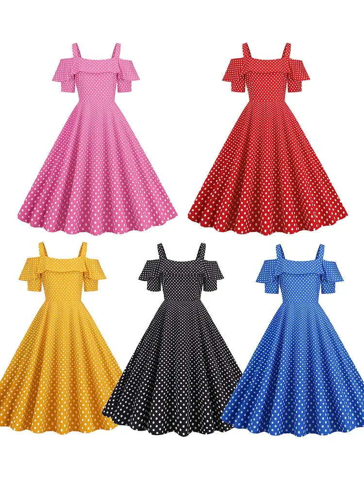 Off the Shoulder Elegant Vintage Party Dress Women Summer Polka Dot Ruffles A Line Midi Dresses Badiee Stylez