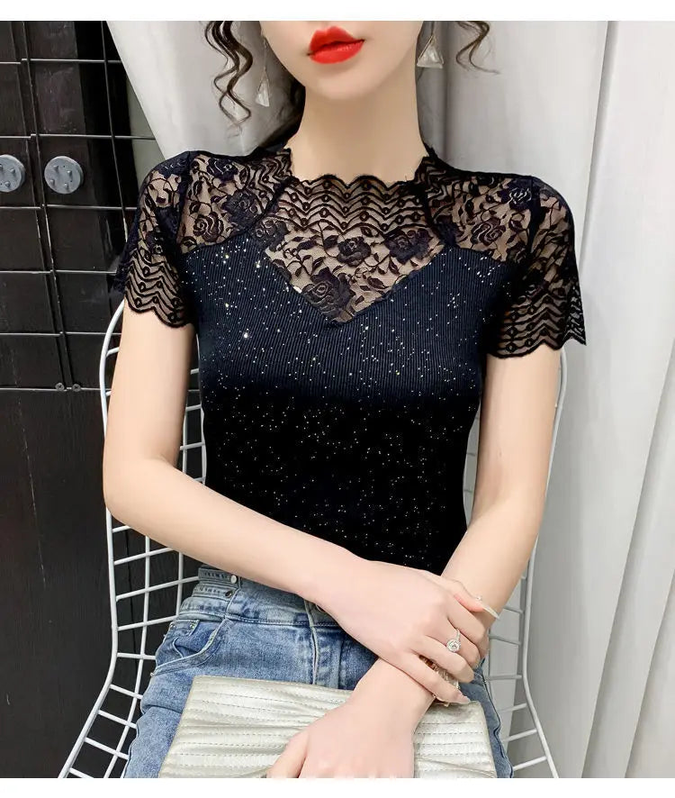 Summer Women Tops Patchwork Bright silk Mesh T shirt Pathcwork Short Sleeve Lace Shirt