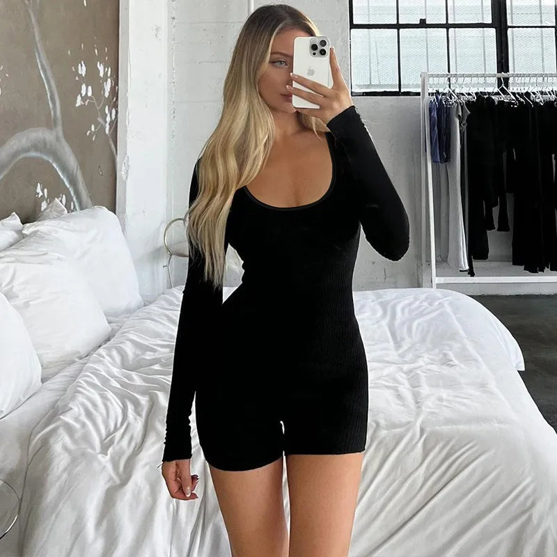 Sports Fitness Black Playsuits Women Autumn New Fashion Skinny Long Sleeves Solid Rompers Bodycon Casual Streetwear Sexy Overall Black