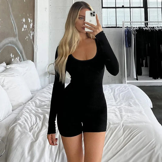 Sports Fitness Black Playsuits Women Autumn New Fashion Skinny Long Sleeves Solid Rompers Bodycon Casual Streetwear Sexy Overall Black