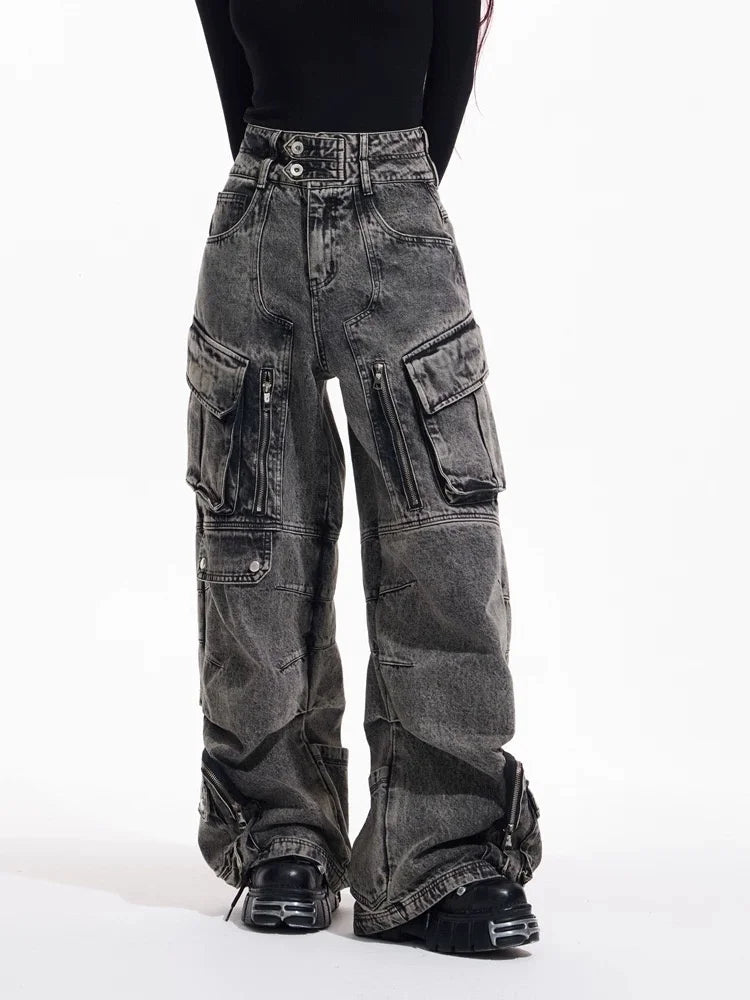 Trashy Y2K 2000S Streetwear Vintage Grey Baggy Pleated Cargo Jeans Pants For Women Clothing Multi Pockets Wide Leg Lady Trousers