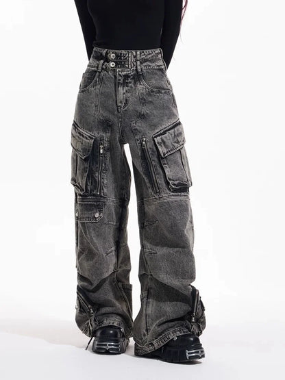 Trashy Y2K 2000S Streetwear Vintage Grey Baggy Pleated Cargo Jeans Pants For Women Clothing Multi Pockets Wide Leg Lady Trousers