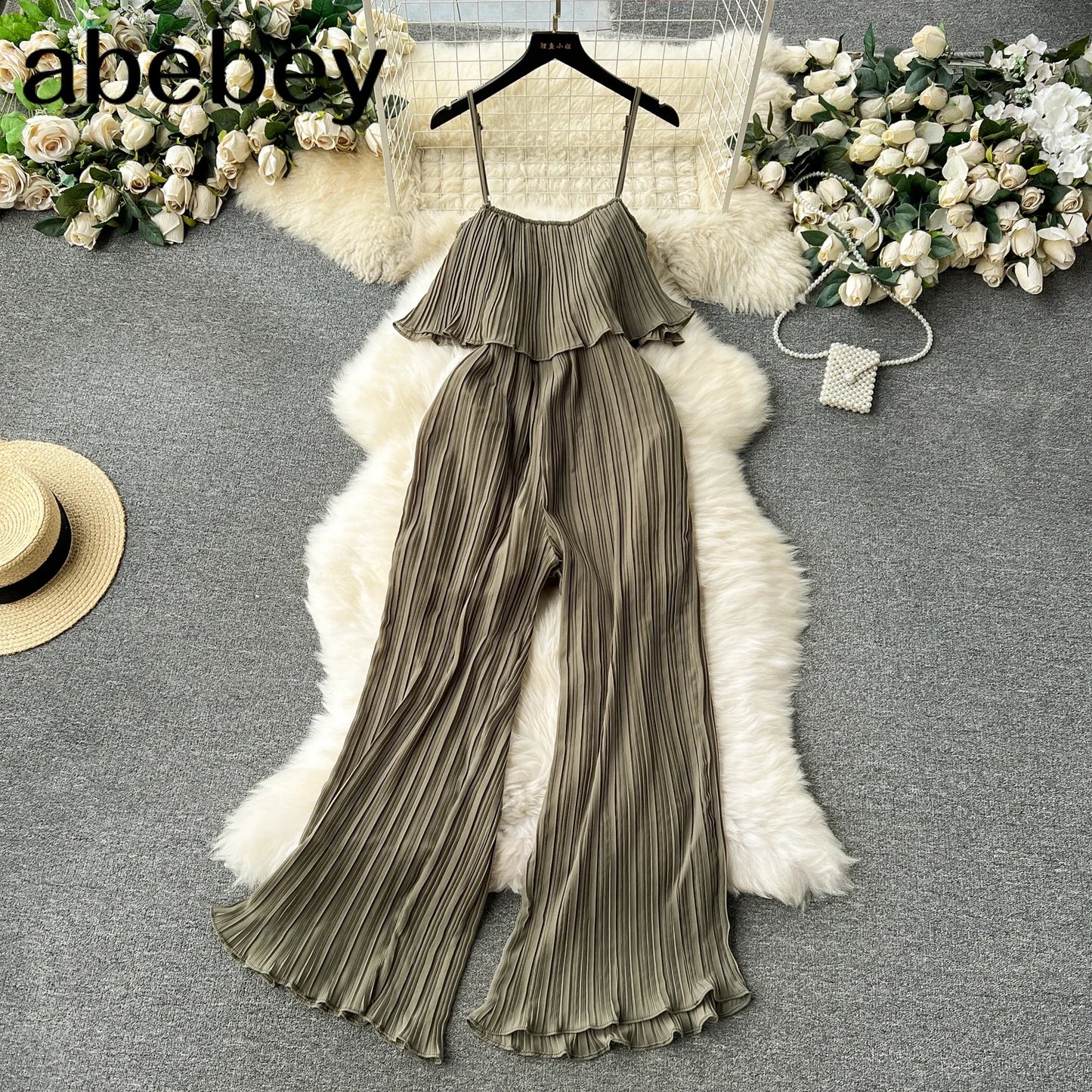 Vacation Loose Jumpsuit Strap Backless Thin Romper Streetwear Women INS One-Piece Outfit Beach Style Pleated Bodysuits army green One Size