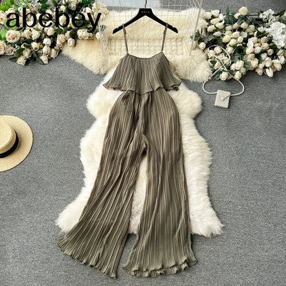 Vacation Loose Jumpsuit Strap Backless Thin Romper Streetwear Women INS One-Piece Outfit Beach Style Pleated Bodysuits army green One Size