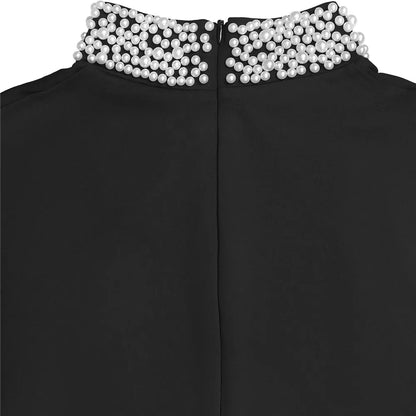 RLMABABY Elegant Splice Ruched Women Black Gown Long Bodycon Dress Pearl Stand Collar Sleeveless Club Party Sheath Maxi Dress