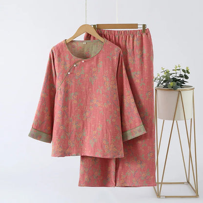 Chinese Style Women's Pajamas, Pure Cotton, Retro Color, Woven Jacquard, Home Clothing, Long Sleeves Trousers, Diagonal Collar pink