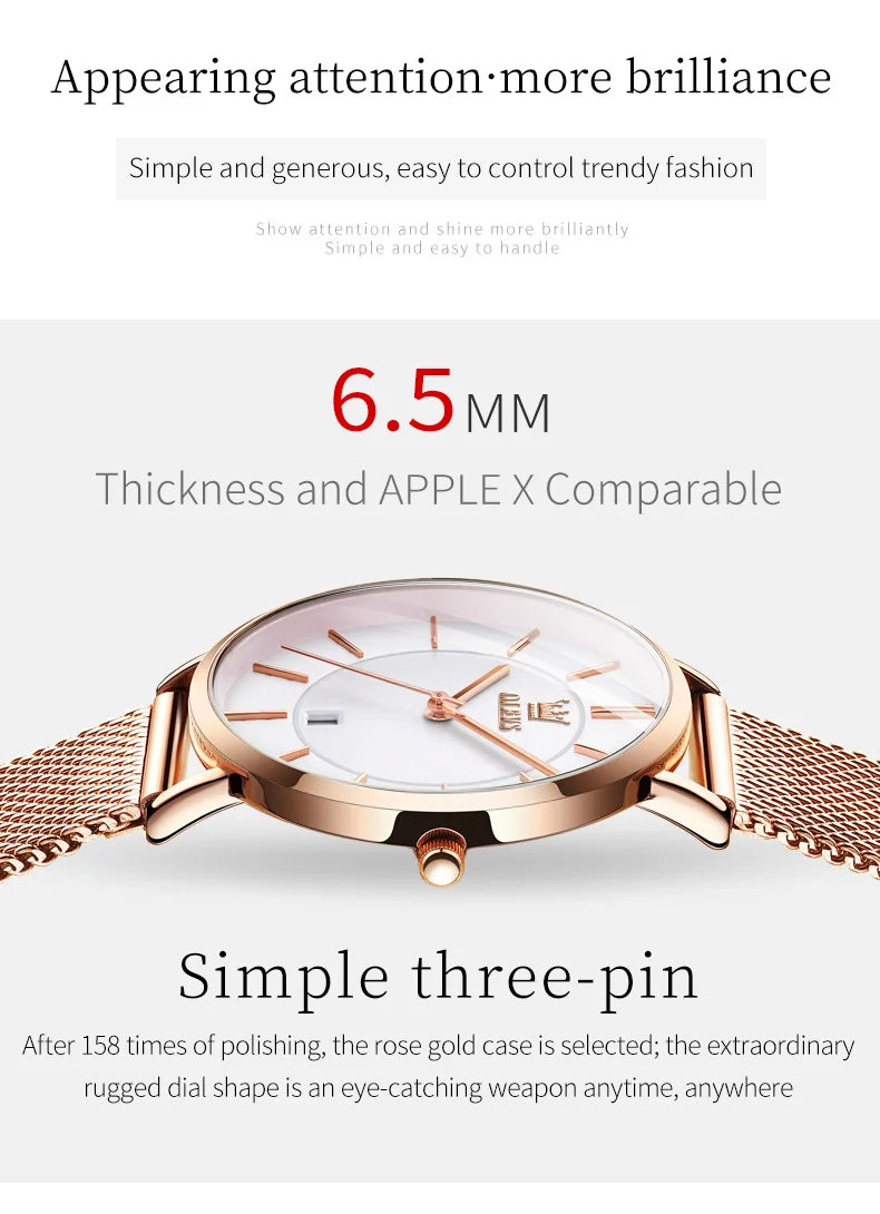 OLEVS Watch For Women Japan Quartz Movement 6.5mm Case Thickness Waterproof Ladies Hand Clock Calendar Fashion Dress Wrist Watch