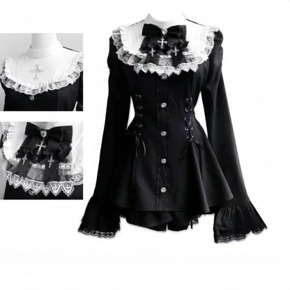 Y2k Aesthetic Lolita Style Bow Dress Shorts Set Japanese Women Gothic Lace Flare Sleeve Button Shirt Dress Punk Party Mini Dress 318 Black white