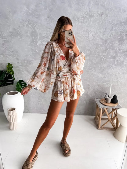 Sexy Deep V Neck Jumpsuit For Women Summer Casual Boho Beach Vacation Outfit Fashion Print Lantern Sleeve Rompers Shorts Women's