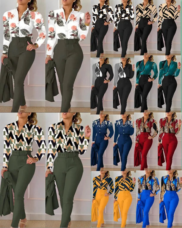 Women's Shirt 2 Pieces Suit Set 2024 Fall Print V Neck Long Sleeve Top Casual High Waist Pockets Work Female Clothes Pants Set